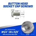 thumbnail image 4 of Fastenere Button Head Socket Cap Screws - 1/4-28 x 5/8" (25 Pack) Stainless Steel 18-8, Full Thread, Bright Plain Finish, Corrosion-Resistant, Machine Thread, Easy to Install w/ Allen Socket Drive, 4 of 7