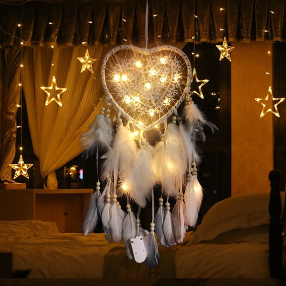 Dserhfy Dreamcatcher Feather Decor Pendant Luminescent Ornament Heart Shape Design Hanging Dream Catcher for Bedroom