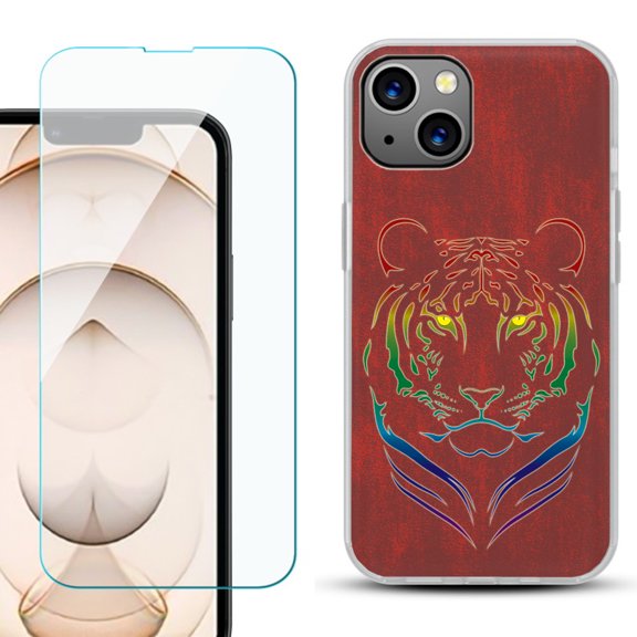 Slim-Fit Flexible TPU Gel Phone Case for iPhone 13, with Tempered Glass Screen Protector, by OneToughShield ® - Night Tiger