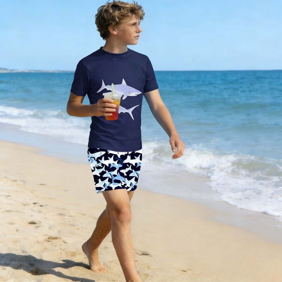 Fnooota Boys Rash Guard Swimsuits 2 Piece, Short Sleeve Vacation Summer Kids Bathing Suits Boys'Swimwear Multicolor Size 8