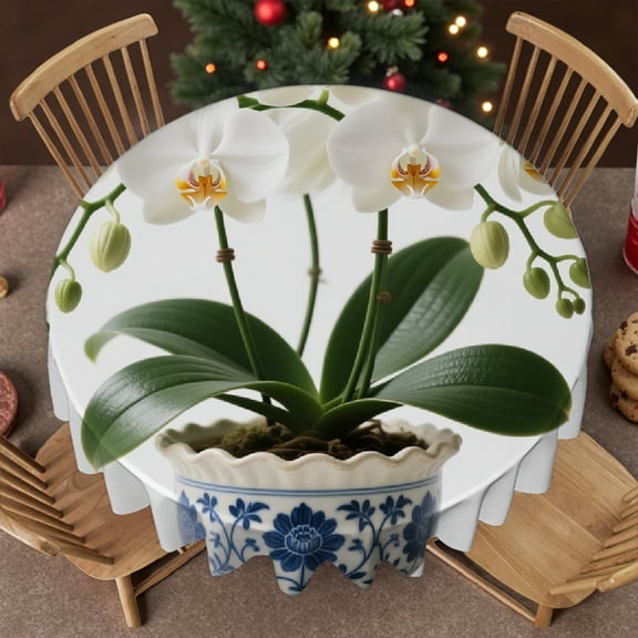 Tablecloth for dining table - Blue and Cream Vintage Floral in Vase Print, Festive Table Setting Holiday-Themed Design tablecloth round, Cafe, picnic,60x60 Inch
