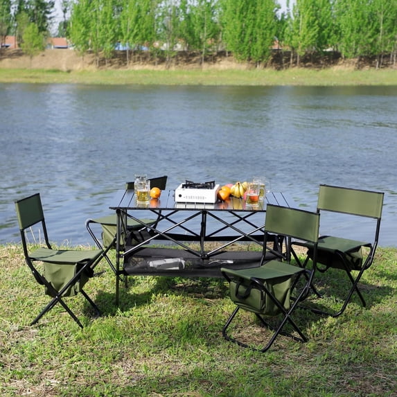 Set of 5 Folding Outdoor Table and Chair Set, Portable Camping Table with 4 Chairs and Storage Net for Patio, Picnics, Beach,Backyard, BBQ, Black+Green