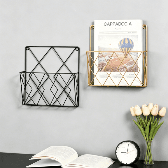 2Pack Wall-Mounted File Organizer, Metal Magazine Rack for Home Office, Space-Saving Wall File Holder for Mail, Documents, Letters & Notebooks, Gold Black, 9.8"L x 2.8"W x 10.2"H