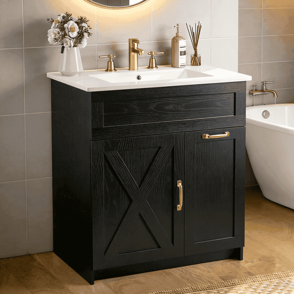 EVOKEDEN 30" Bathroom Vanity with Sink, Solid Wood Frame Bathroom Cabinet Set, Featuring 2 Power Outlets, 2 USB Ports, a Switch Button, 2 Drawers, Soft-Close Doors with Organizers, Black
