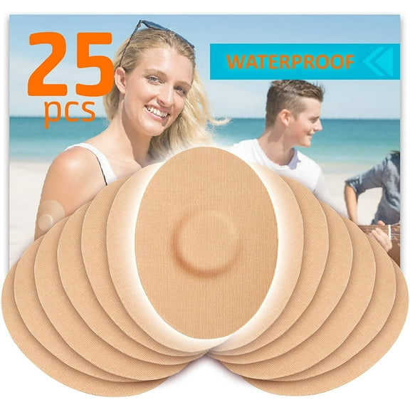 Roofei Sensor Covers for Libre 1/2/3, Waterproof-25 Pack Adhesive Patches,Transparent CGM Overpatch Tape Lasting to 14 Days-Without Hole,Beige