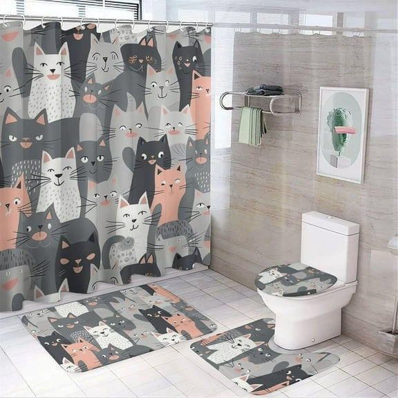 Bathroom Set,Cute Funny Grey Cats Pattern Print Bathroom Rug Set,Bath Rug Set 4 Piece,Modern Shower Curtain Set with Shower Curtainand 12 Hooks
