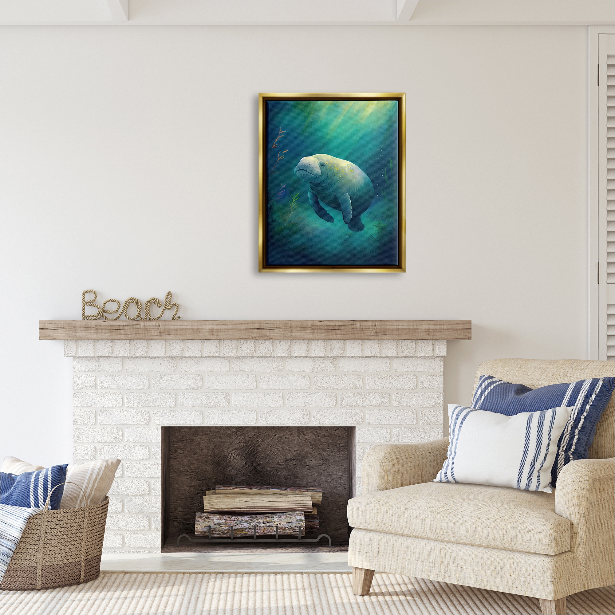 Stupell Industries Manatee Underwater View Animals & Insects Painting Gold Floater Framed Canvas Art Print Wall Art, 25 x 31