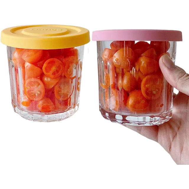 baomifa-2 Pack Small Glass Food Jars with Lids,Overnight Oats Container,13 OZ Round Glass Storage Container for Food Portion,Dipping Sauce,Snack,Yogurt,Leakproof,Freezer Safe(pink yellow)