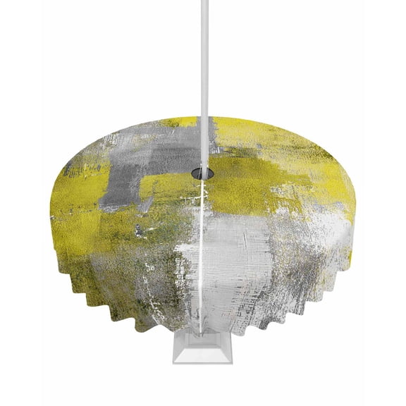 Lsrtoss Outdoor Tablecloth with Umbrella Hole & Zipper, Yellow Grey Round Tablecloth 54 Inch, Modern Oil Painted Abstract Art Aesthetics Patio Table Cover Waterproof Table Cloth for Picnic/Party