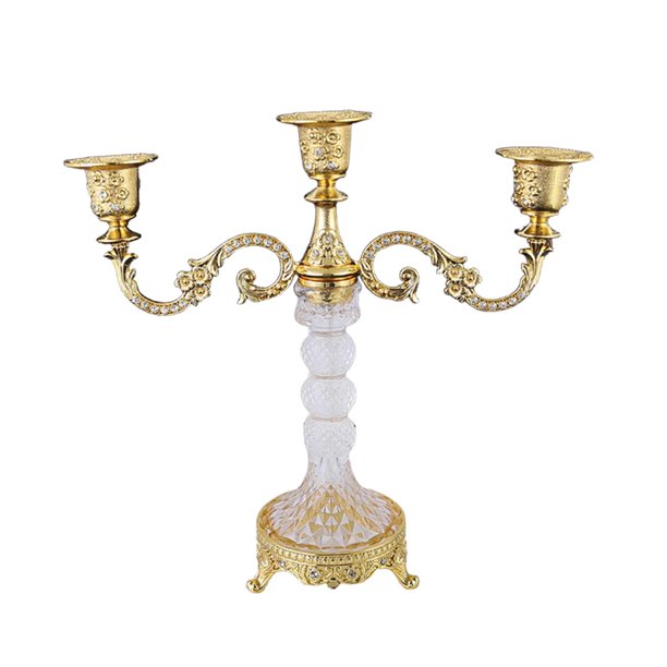 Candelabro de 3 brazos, elegante candelabro romántico de metal y cristal. Oro