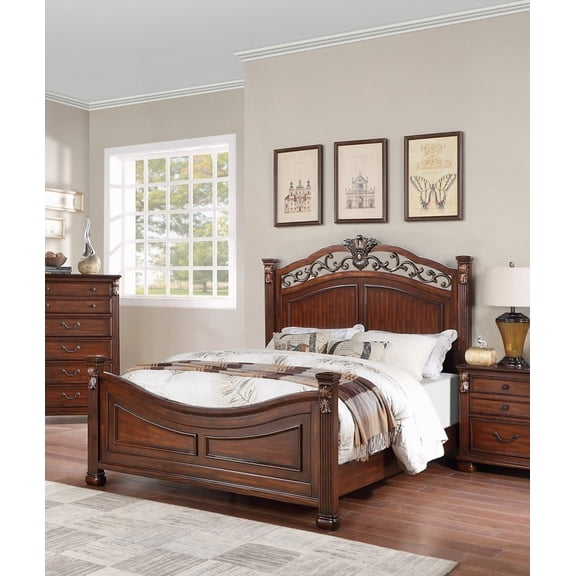 California King Size Bed with Traditional Dark Cherry Tufted Faux Leather Headboard & Footboard