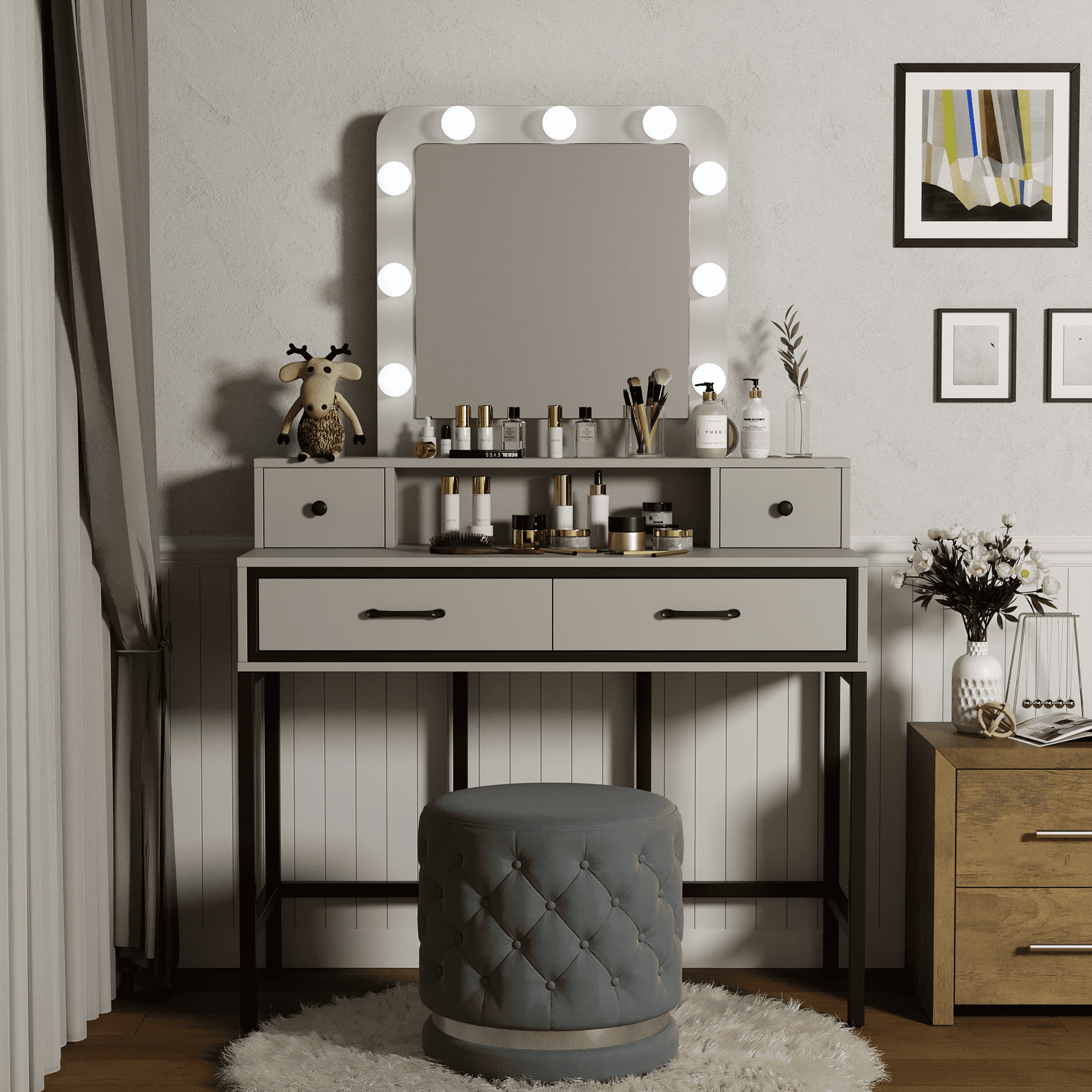 Mintazer Rustic Vanity Desk with Hollywood LED Lighted & Mirror, Makeup Dressing Table with 4 Drawers for Women Girls, White