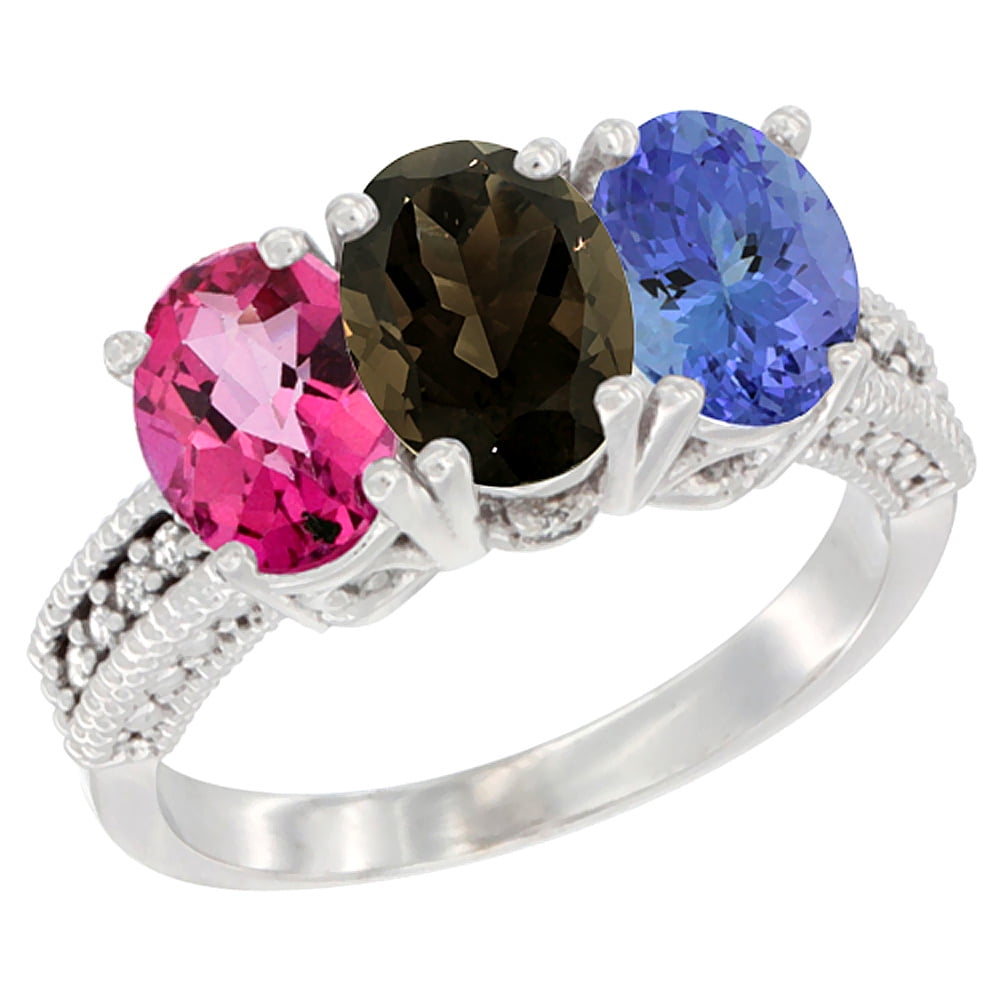 14K White Gold Natural Pink Topaz, Smoky Topaz & Tanzanite Ring 3-Stone 7x5 mm Oval Diamond Accent, sizes 5 10 by WorldJewels