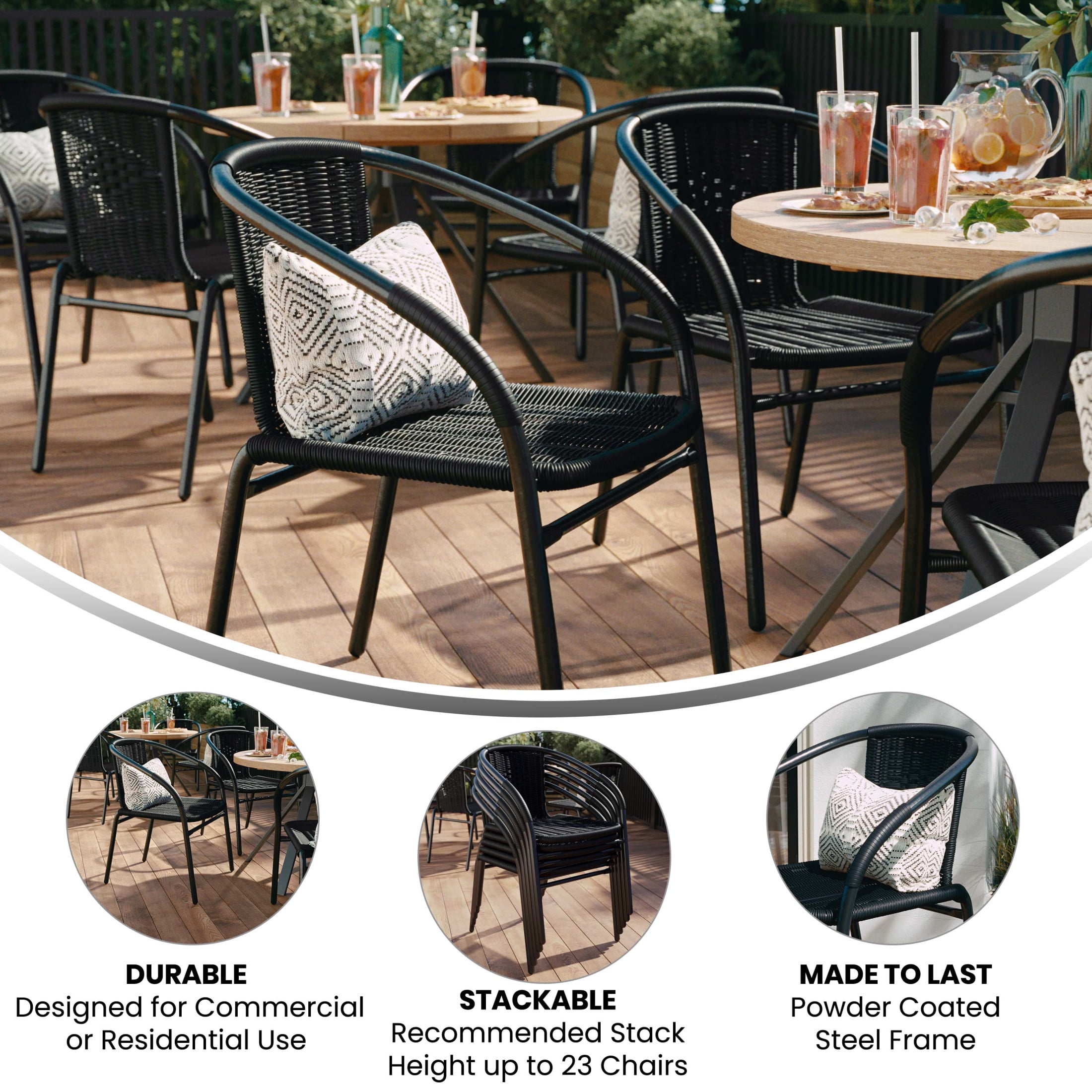 Flash Furniture Lila Indoor/Outdoor Stacking Rattan Patio Chairs, Set of 4, Black
