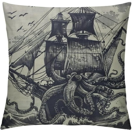 Kraken - Funda de almohada vintage de lino y algodón, diseño de vela, barco, olas oceánicas, pulpo, textiles para el hogar, estilo europeo, para sofá y cama, color morado y negro