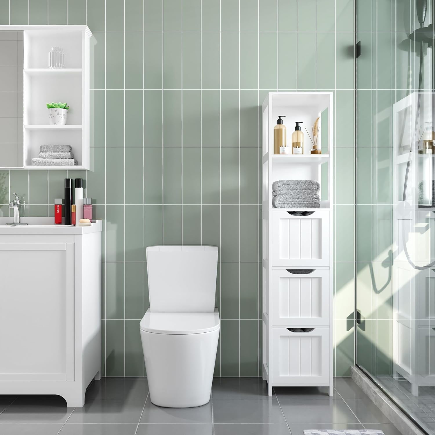 Bathroom Tall Cabinet, Slim Storage Cabinet, Narrow Freestanding Floor Cabinet with 3 Drawers & 2 Shelves, Linen Tower for Small Space, 12" D x 12" W x 56" H, White