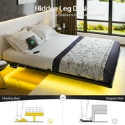 Kbun Queen Floating Bed Frame with Smart LED Lights and Charging Station, Heavy Duty Metal Platform Bed Frame, Noise-Free, Under-Bed Storage, No Box Spring Needed