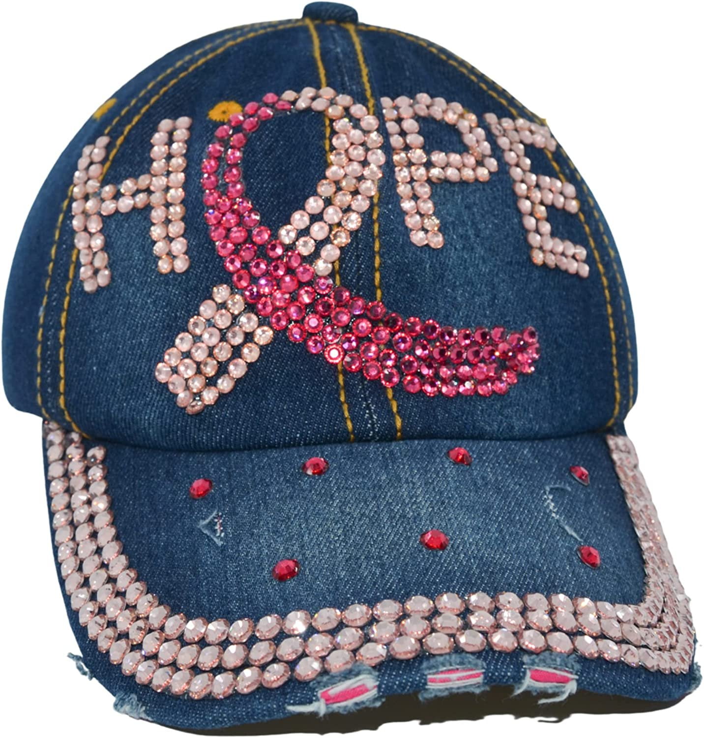 Pink Ribbon Baseball Cap Breast Cancer Awareness Hope Hat Bling Rhinestone New 