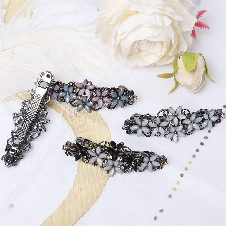 Vintage 4 Pairs of Handset Crystal Flower Hair Barettes Bexikou Large Rhinestone Flower Barrettes for Women, 4 Pcs  main image 2