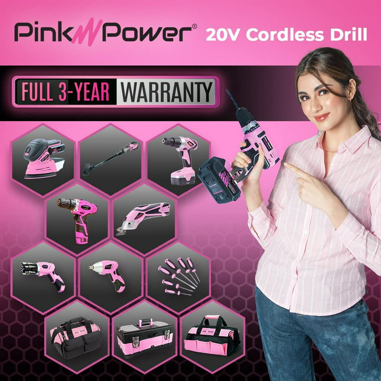Alloyman 3/8 Inches Pink Drill Set for Women 135 Pcs Cordless Drill Tool  Set with 1500Ah Battery and Charger