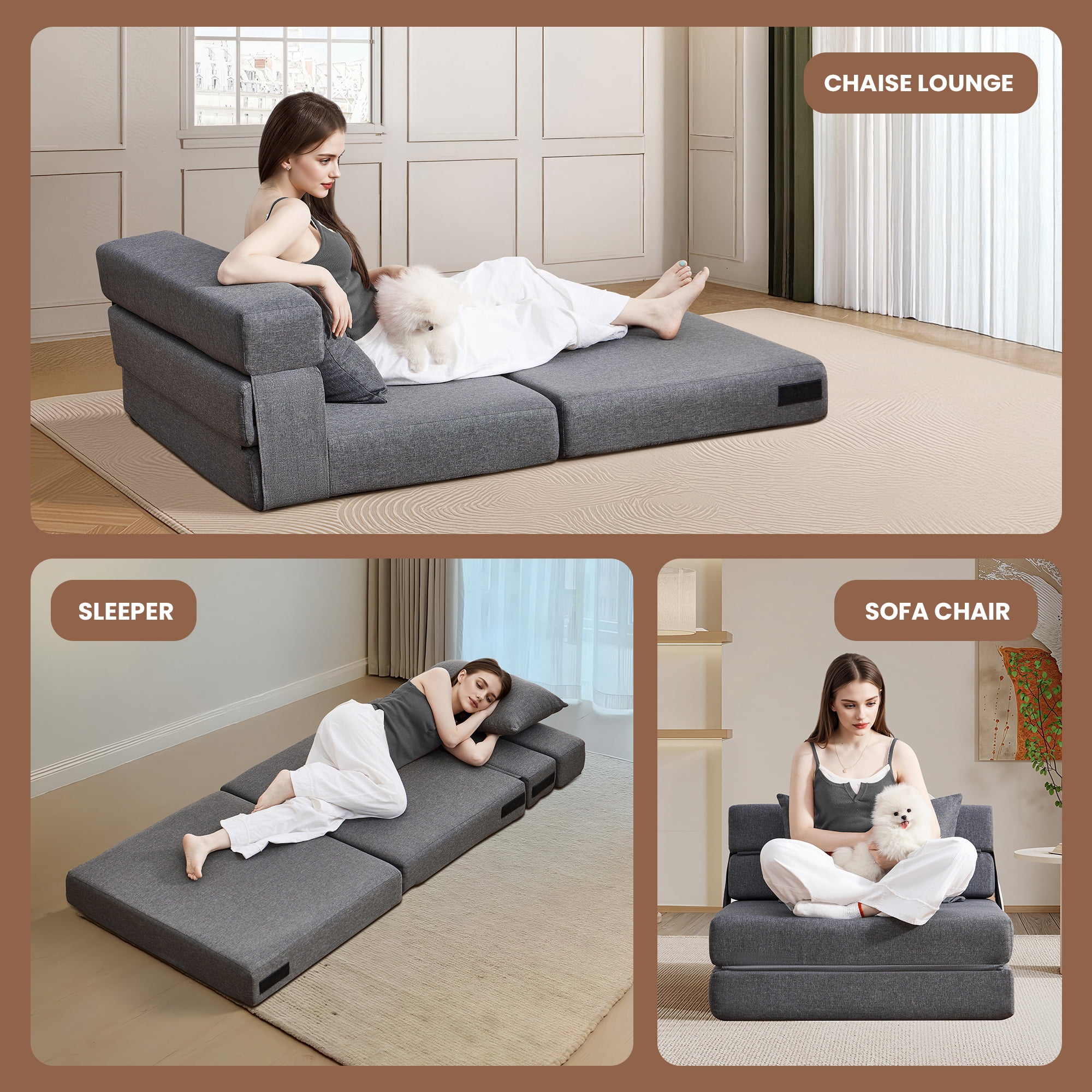 SERWALL Modular Folding Sofa Chair, 4-in-1 Convertible Sofa Bed, Foldable Sofa Chair for Bedroom, Grey