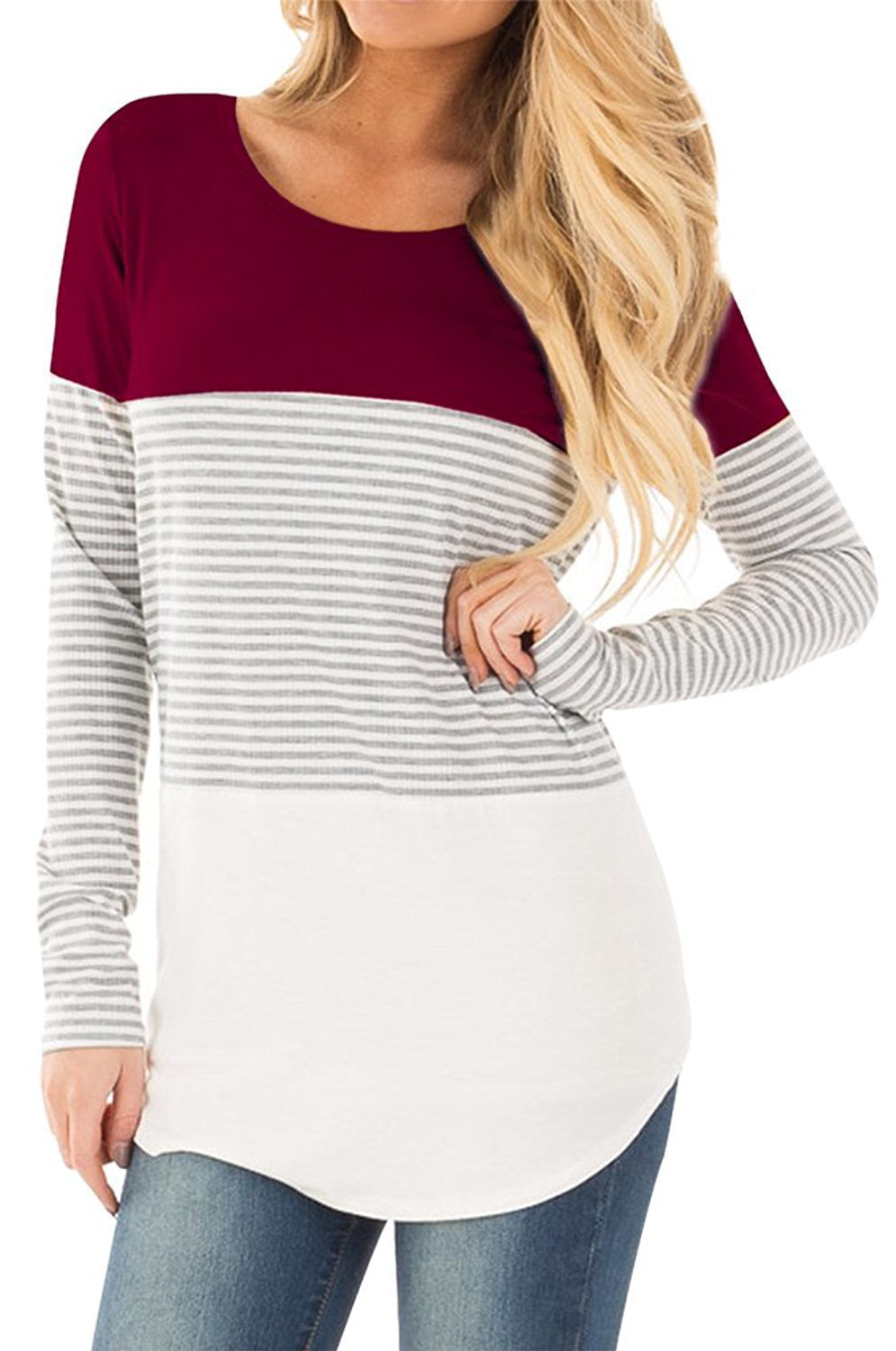 Womens Long Sleeve Round Neck T Shirts Color Block Striped Splice Causal Blouses Tops 