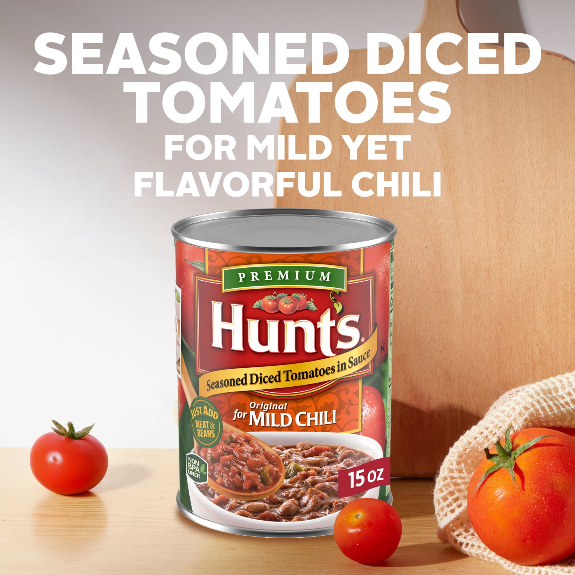(12 pack) Hunt’s Seasoned Diced Tomatoes in Sauce for Mild Chili, Perfect for Chili & Soups, 15 oz. Can
