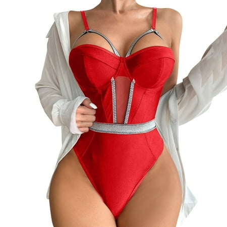 adviicd Blue Lingerie For Women Womens Lace Bodysuit Snap Crotch Teddy Lingerie Deep V Halter One Piece Red S