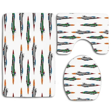 GOHAO Airplane Collection Jet Fighters Rocket Aviation Attack Fire Bombers Missile Modern Uk Model 3 Piece Bathroom Rugs Set Bath Rug Contour Mat and Toilet Lid