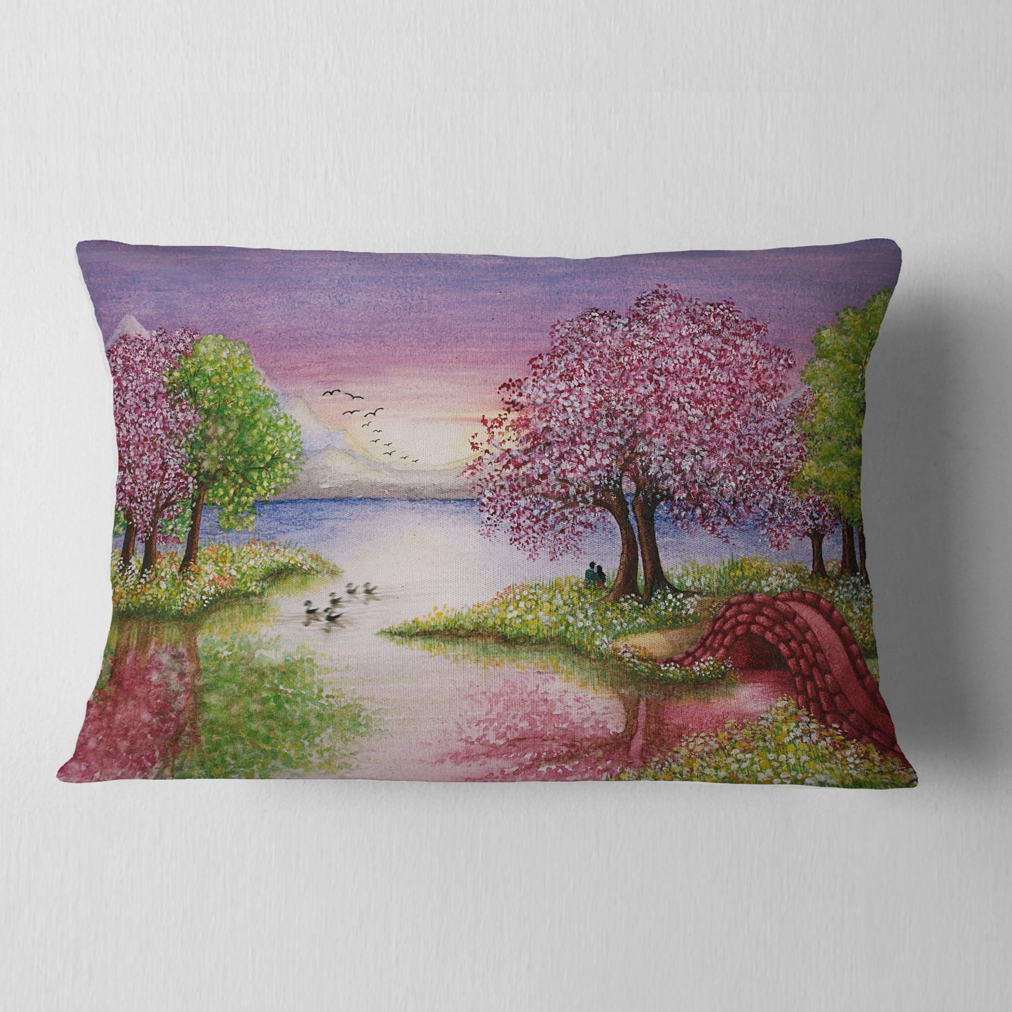 Designart Romantic Lake in Pink and Green - Landscape Printed Throw Pillow - 12x20