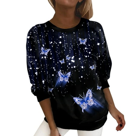 

ViLaViDe Dresses Womens Summer Tops Round Neck Long Sleeve Casual Hollow Butterflies Print Knitted Hoodie Sweater for Women Long Sleeve T Shirt Women under Scrubs Blue M