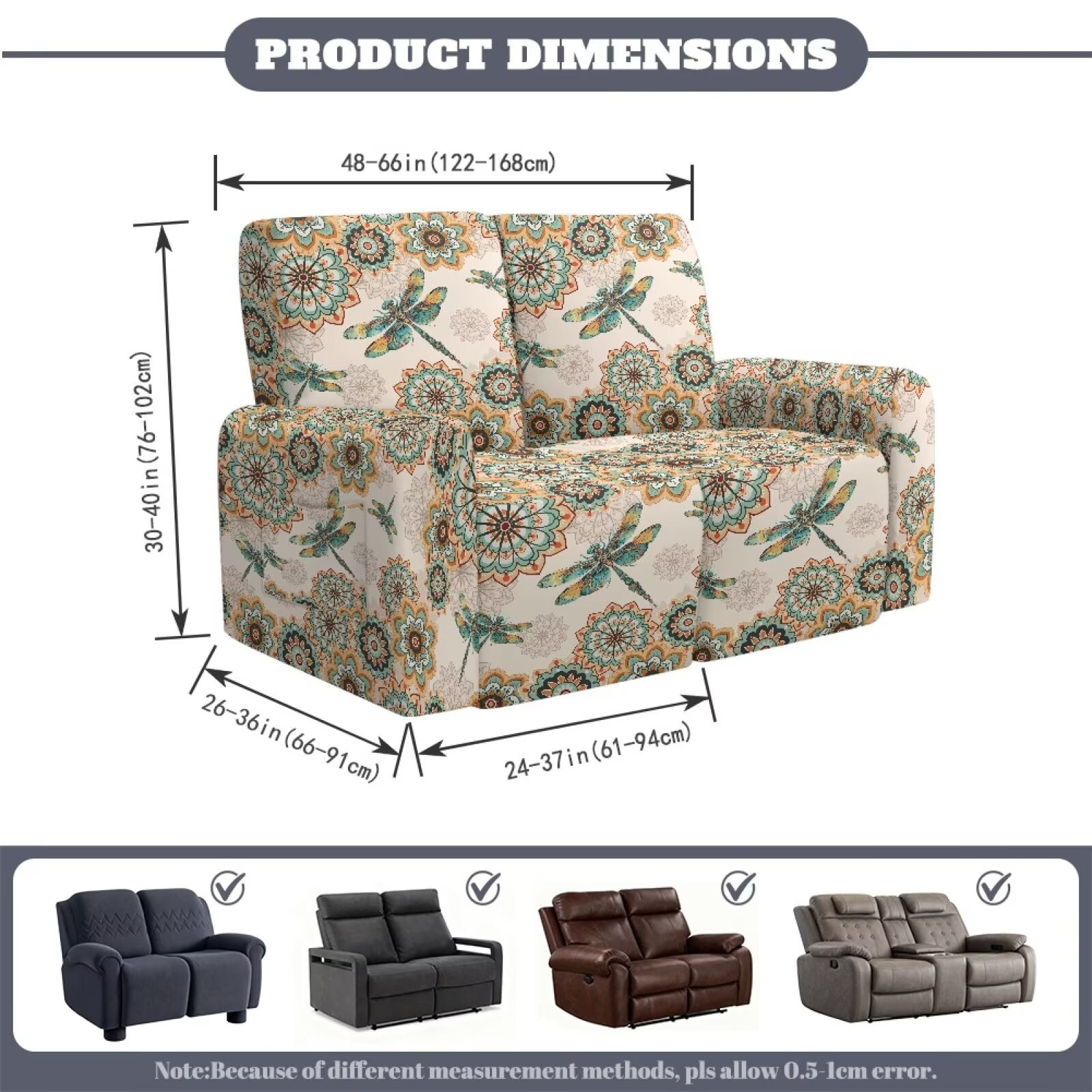 Yuyamidu Boho Mandala Loveseat Recliner Covers 2 Seater Dragonfly Recliner Loveseat Slipcover with Elastic Edge Easy to Install Furniture Protector