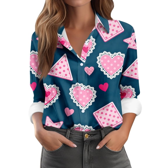 Fgvctg Valentine's Day Button Down Shirt for Women Long Sleeve V Neck Blouse Collared Plus Size Date Day Love Heart Print Shirts Sweet Business Casual Tops Navy XL