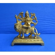 Brass Handicraft Religious Goddess Maa Durga MATA Idol Sculpture for Home Puja Mandir ~ Indian Temple Décor Art Hindu Puja Durga Statue Sitting on Lion for Blessing Statue Antique (Durga 3.5" inch)