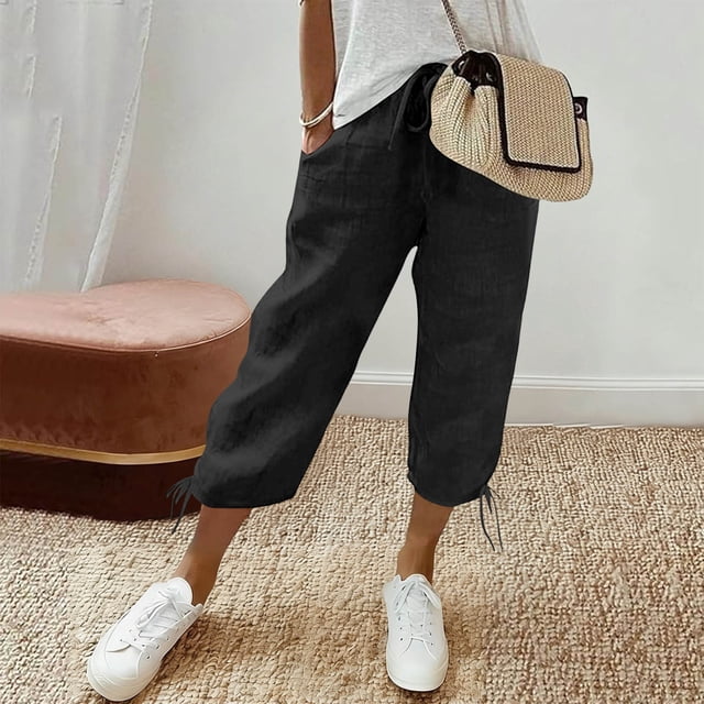 Capri Pants for Women Cotton High Waisted Wide Leg Casual Lounge Pant Summer Capris Adjustable Drawstring with Pockets