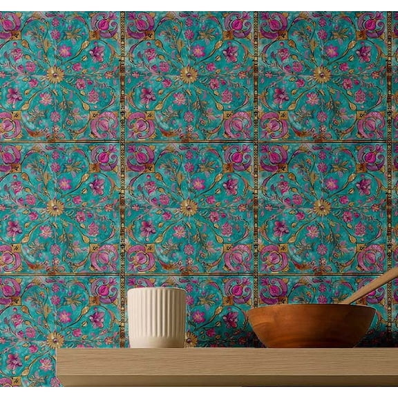 S4Sassy Peel & Stick Vinyl Wallpaper, Arabesque Pattern Tile Wallpaper Contact Paper Waterproof - Turquoise, 25"x120" ,Removable Wall Covering for Bedroom, Living Room, Entryways