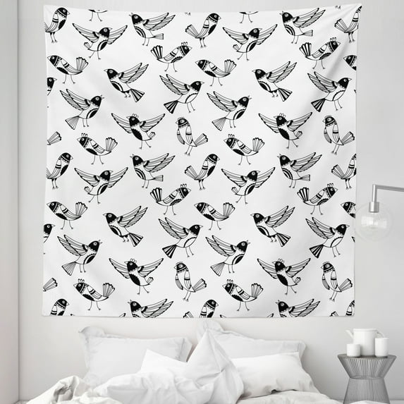 Black and White Tapestry, Doodle Style Sketch Cartoon Birds with Funny Curious Expressions, Fabric Wall Hanging Decor for Bedroom Living Room Dorm, 5 Sizes, Black White, by Ambesonne