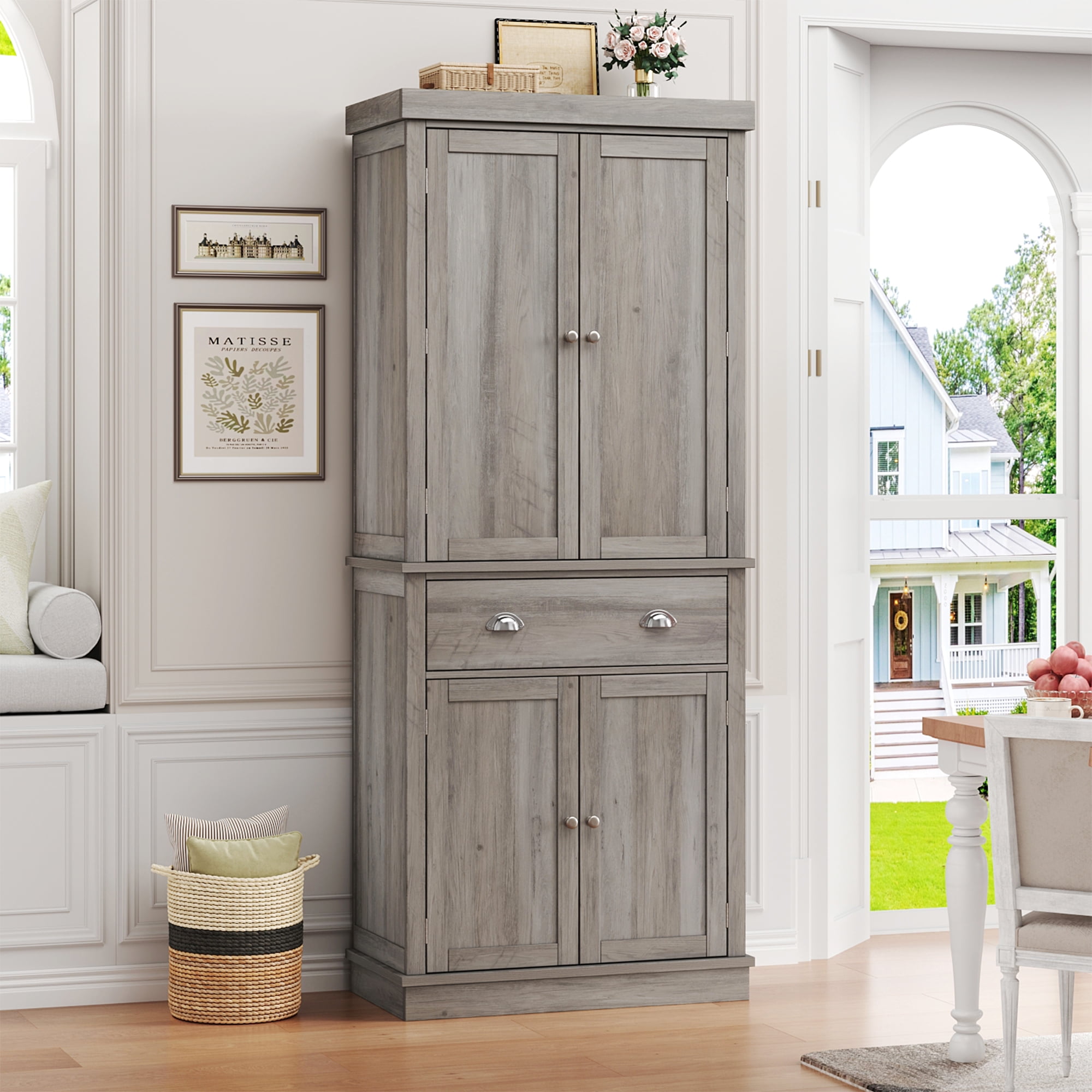 Homfa 72.4'' Tall Kitchen Pantry with 4 Doors, Large Drawer Storage Cabinet for Dining Room Living Room, Brown