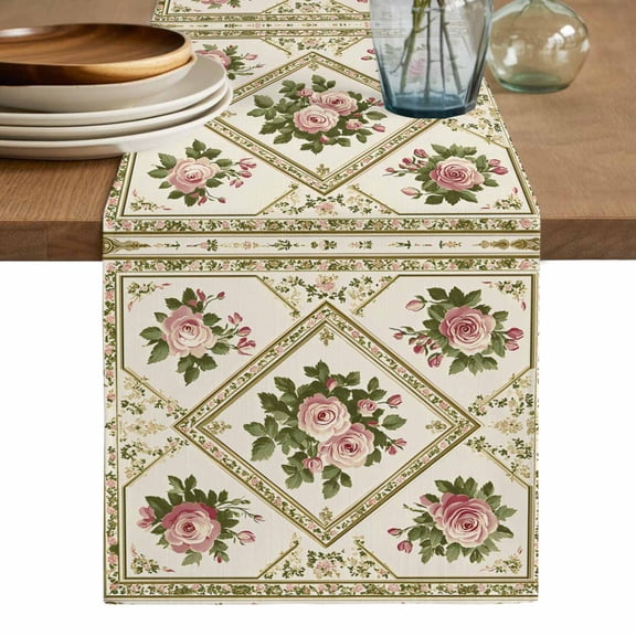 Boho Pink Floral Table Runner, Spring Vintage Flower Green Leaf Washable Cotton Linen Table Runners 60 Inches Long, Dresser Scarf Runner for Coffee/TV Stands/Kitchen/Cabinets 13''x60''