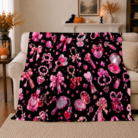 Glam Coquette Jewelry Bows Scene Romantic autumn celebration, Playful Artistic Scene, Warm Flannel Blanket for Living Room and Bedroom, Art Lovers Valentine's Day Gift, Artistic Home Decor