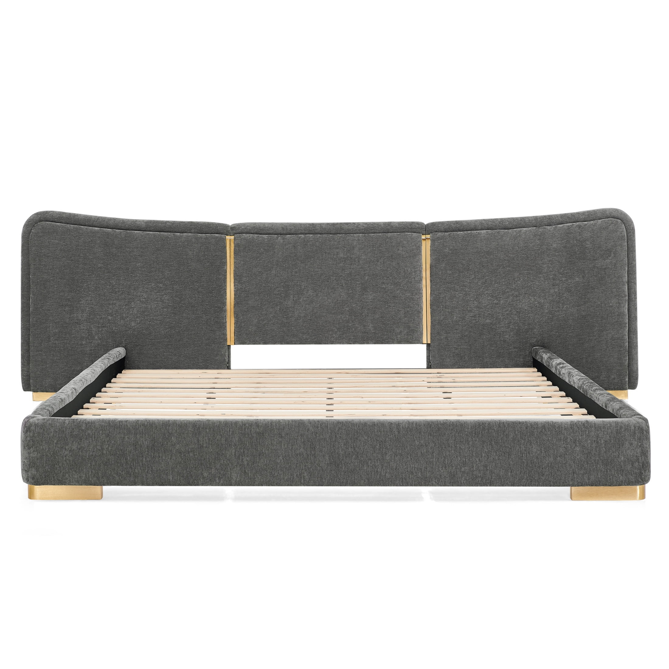 Noble House Zerra King Size Platform Bed, Chenille Upholstered Curved Headboard with Reinforced Metal Legs, Dark Gray
