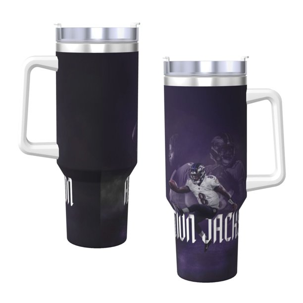 Vaso de hielo de 40 oz personalizado del equipo de fútbol Ravens Football con asa, vaso de agua con pajita de gran capacidad, vaso de agua para automóvil, vaso térmico de acero inoxidable, vaso de