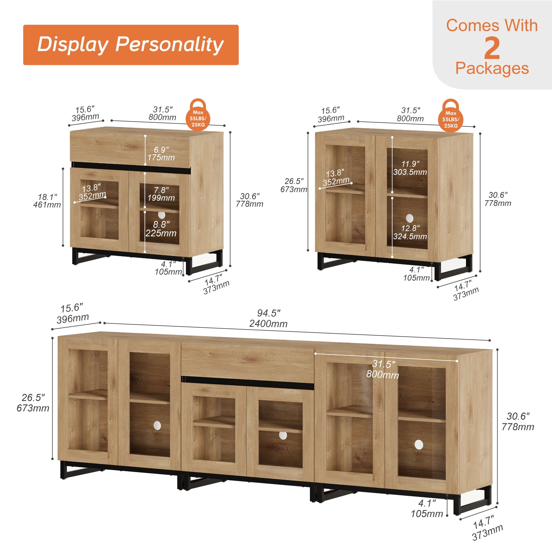 WAMPAT 3-in-1 Modern TV Stand for TVs up to 100 Inch, Glass Doors & 1 Drawer Entertainment Center, Media Console with Adjustable Shelf for Living Room & Bedroom
