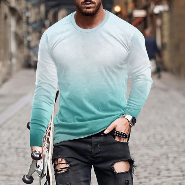 Blusas y camisas de manga larga con cuello redondo para hombre, blusa informal de manga larga con cuello redondo y estampado degradado, blusa de poliéster para hombre