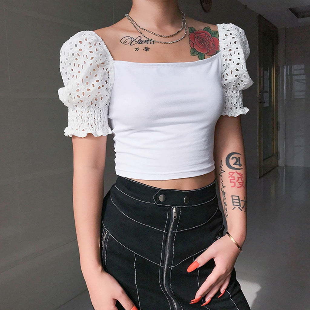 Crop Top for Women Fashion Women Summer Square Neck Hollow Out Short Puff  Sleeve Short Crop Top Puff Sleeve Top - Walmart.ca