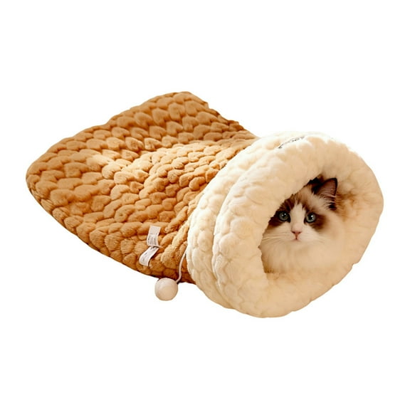 Cat Sleeping Bag for Indoor Cats Cozy Winter Cats Sleeping Bags Soft Plush Cat Sack Self Warming Pet Bed Cave Kittens Pet Hideaway Calming Bed for Kittens (Coffee Color, M-17.3x14.6in)