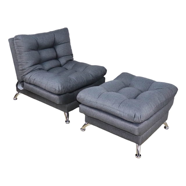 Sofá Cama Individual Sillón y Taburete NORVAL Florencia Moderno en Lino Gris estructura de madera con pata cromada