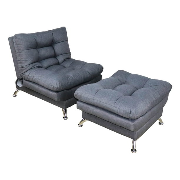 Sofá Cama Individual Sillón y Taburete NORVAL Florencia Moderno en Lino Gris estructura de madera con pata cromada