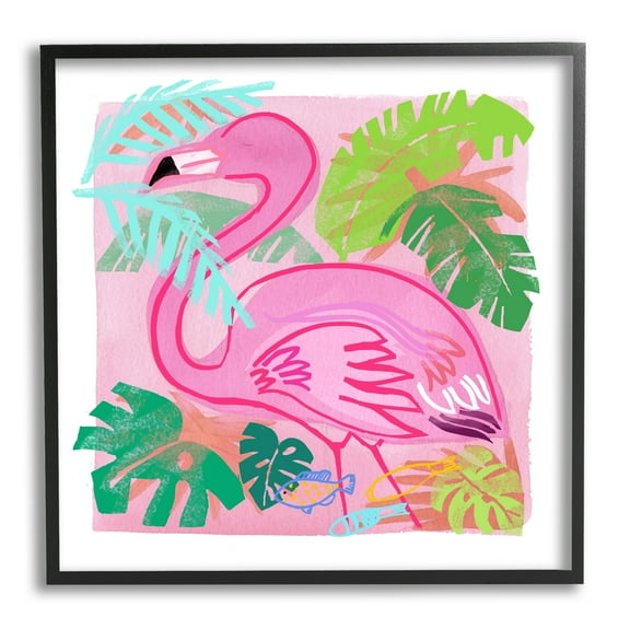 Stupell Industries Tropical Flamingo Bird Layered Fish Beach Leaves Graphic Art Black Framed Art Print Wall Art, Design by unknown