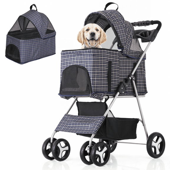 LiteHaven Foldable Pet Stroller, 3-in-1 Dog Travel Jogger with Detachable Carrier, Cup Holder, Storage Basket, Folding Carrier for Small/Medium Dogs & Cats Up to 33 lbs,Plaid